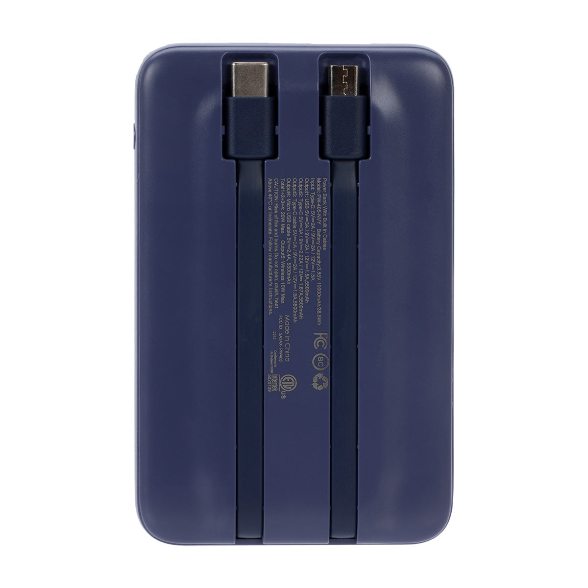 10000 mAh Power Bank with Wireless Charging and Integrated Cables